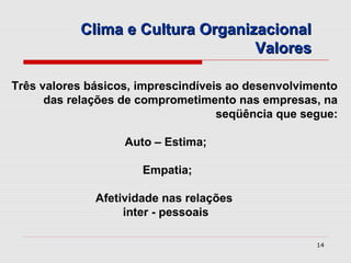 Clima e Cultura Organizacional
                                  Valores

Três valores básicos, imprescindíveis ao desenvolvimento
      das relações de comprometimento nas empresas, na
                                    seqüência que segue:

                   Auto – Estima;

                      Empatia;

              Afetividade nas relações
                   inter - pessoais

                                                    14
 