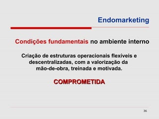Endomarketing


Condições fundamentais no ambiente interno

 Criação de estruturas operacionais flexíveis e
    descentralizadas, com a valorização da
      mão-de-obra, treinada e motivada.

             COMPROMETIDA



                                                  36
 