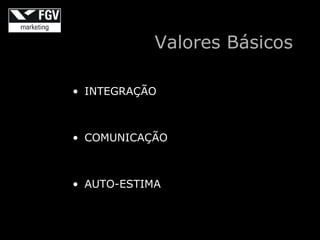 Valores Básicos

• INTEGRAÇÃO



• COMUNICAÇÃO



• AUTO-ESTIMA
 