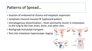 Patterns of Spread…
• Invasion of endometrial stroma and exophytic expansion
• Lymphatic channel invasion haphazard pattern
• Hematogenous dissemination-- most commonly results in metastases
to the lung to the liver, brain, bone, and other sites
• Retrograde transtubal transport
• Port-site metastasis-laparoscopic staging
 