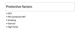 Protective factors
• OCP
• PM Combined HRT
• Smoking
• Exercise
• High Parity
 