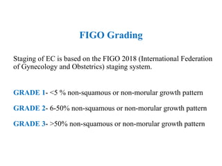 FIGO Grading
Staging of EC is based on the FIGO 2018 (International Federation
of Gynecology and Obstetrics) staging system.
GRADE 1- <5 % non-squamous or non-morular growth pattern
GRADE 2- 6-50% non-squamous or non-morular growth pattern
GRADE 3- >50% non-squamous or non-morular growth pattern
 
