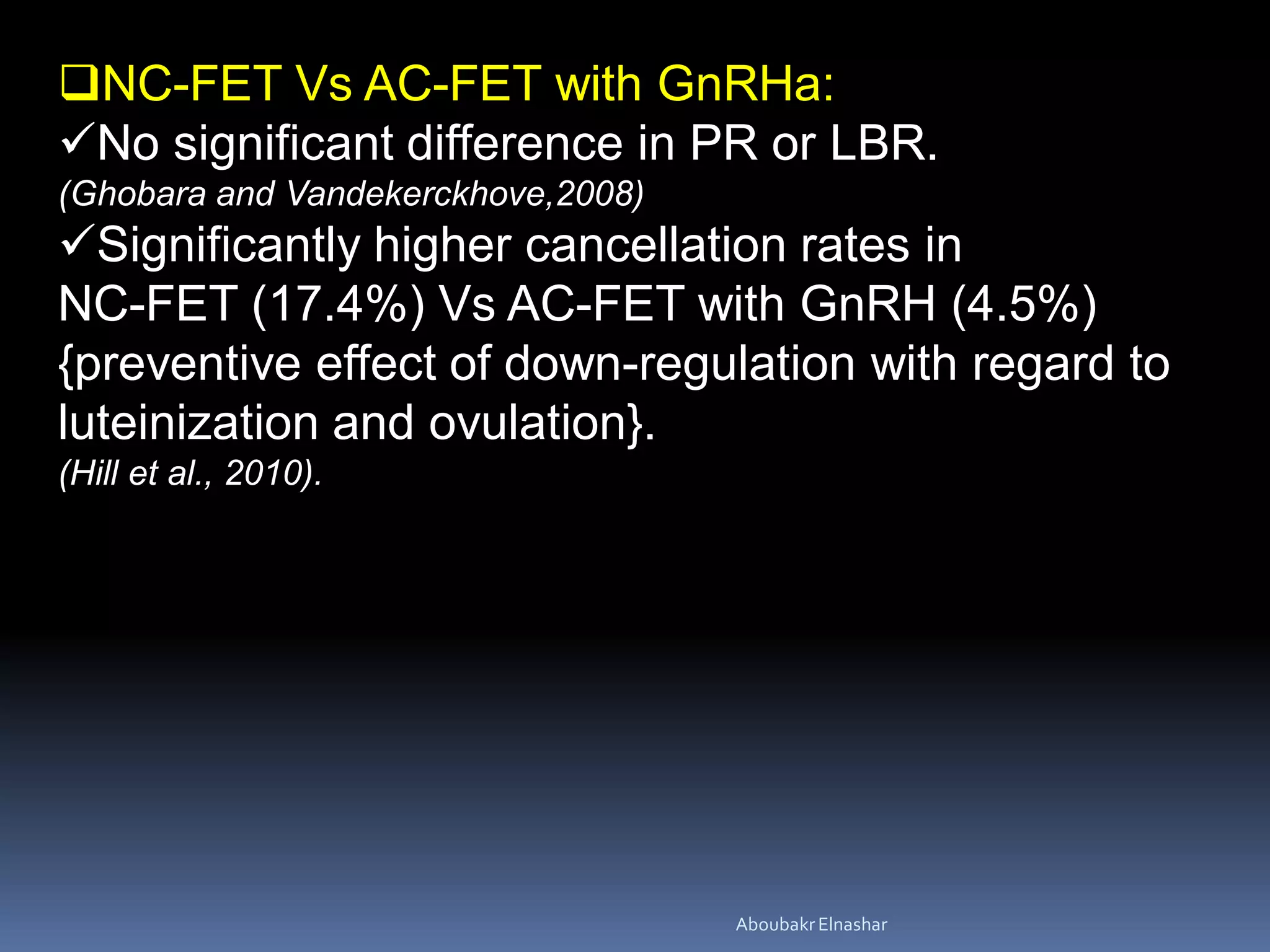 NC-FET Vs AC-FET with GnRHa:
No significant difference in PR or LBR.
(Ghobara and Vandekerckhove,2008)
Significantly higher cancellation rates in
NC-FET (17.4%) Vs AC-FET with GnRH (4.5%)
{preventive effect of down-regulation with regard to
luteinization and ovulation}.
(Hill et al., 2010).
AboubakrElnashar
 