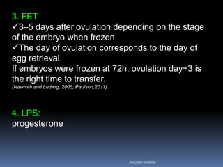 3. FET
3–5 days after ovulation depending on the stage
of the embryo when frozen
The day of ovulation corresponds to the day of
egg retrieval.
If embryos were frozen at 72h, ovulation day+3 is
the right time to transfer.
(Nawroth and Ludwig, 2005; Paulson,2011).
4. LPS:
progesterone
AboubakrElnashar
 