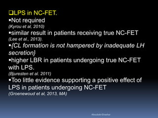 LPS in NC-FET.
Not required
(Kyrou et al, 2010)
similar result in patients receiving true NC-FET
(Lee et al., 2013).
{CL formation is not hampered by inadequate LH
secretion}
higher LBR in patients undergoing true NC-FET
with LPS.
(Bjuresten et al. 2011)
Too little evidence supporting a positive effect of
LPS in patients undergoing NC-FET
(Groenewoud et al, 2013, MA)
AboubakrElnashar
 