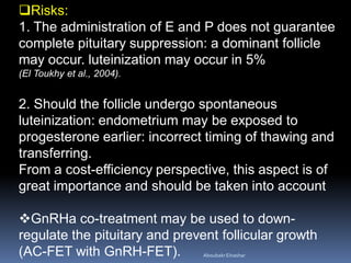 Risks:
1. The administration of E and P does not guarantee
complete pituitary suppression: a dominant follicle
may occur. luteinization may occur in 5%
(El Toukhy et al., 2004).
2. Should the follicle undergo spontaneous
luteinization: endometrium may be exposed to
progesterone earlier: incorrect timing of thawing and
transferring.
From a cost-efficiency perspective, this aspect is of
great importance and should be taken into account
GnRHa co-treatment may be used to down-
regulate the pituitary and prevent follicular growth
(AC-FET with GnRH-FET). AboubakrElnashar
 