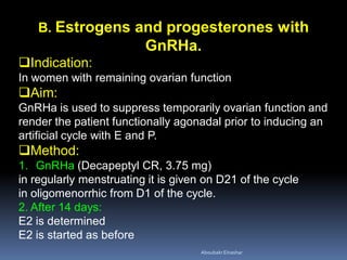 B. Estrogens and progesterones with
GnRHa.
Indication:
In women with remaining ovarian function
Aim:
GnRHa is used to suppress temporarily ovarian function and
render the patient functionally agonadal prior to inducing an
artificial cycle with E and P.
Method:
1. GnRHa (Decapeptyl CR, 3.75 mg)
in regularly menstruating it is given on D21 of the cycle
in oligomenorrhic from D1 of the cycle.
2. After 14 days:
E2 is determined
E2 is started as before
AboubakrElnashar
 