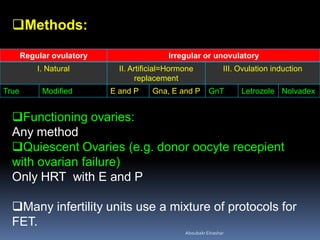 Methods:
Regular ovulatory Irregular or unovulatory
I. Natural II. Artificial=Hormone
replacement
III. Ovulation induction
True Modified E and P Gna, E and P GnT Letrozole Nolvadex
Functioning ovaries:
Any method
Quiescent Ovaries (e.g. donor oocyte recepient
with ovarian failure)
Only HRT with E and P
Many infertility units use a mixture of protocols for
FET.
AboubakrElnashar
 