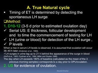 A. True Natural cycle
 Timing of ET is determined by detecting the
spontaneous LH surge
Method:
1. D10-12 (3-5 d prior to estimated ovulation day)
 Serial US: E thickness, follicular development
and to time the commencement of testing for LH
 LH (urine or blood) for detection of the LH surge ,
 P levels
When a rise in serum LH levels is observed, it is assumed that ovulation will occur
36–40 h later (Andersen et al., 1995).
LH surges in urine lag up to 21 h behind the appearance of the surge in blood
(Hoff et al., 1983; Frydman et al., 1984; Miller and Soules 1996).
The day when LH exceeds 180% of baseline (calculated as the mean of the 3
previous morning samples) corresponds to a day prior to OPU/ovulation.
2. US for evidence of ovulation.
AboubakrElnashar
 