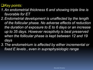 Key points:
1.An endometrial thickness 6 and showing triple line is
favorable for ET
2.Endometrial development is unaffec...