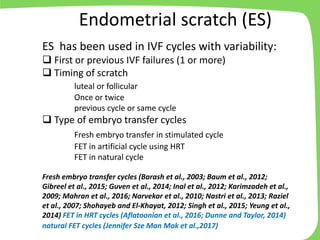 ES has been used in IVF cycles with variability:
❑ First or previous IVF failures (1 or more)
❑ Timing of scratch
luteal or follicular
Once or twice
previous cycle or same cycle
❑ Type of embryo transfer cycles
Fresh embryo transfer in stimulated cycle
FET in artificial cycle using HRT
FET in natural cycle
Fresh embryo transfer cycles (Barash et al., 2003; Baum et al., 2012;
Gibreel et al., 2015; Guven et al., 2014; Inal et al., 2012; Karimzadeh et al.,
2009; Mahran et al., 2016; Narvekar et al., 2010; Nastri et al., 2013; Raziel
et al., 2007; Shohayeb and El-Khayat, 2012; Singh et al., 2015; Yeung et al.,
2014) FET in HRT cycles (Aflatoonian et al., 2016; Dunne and Taylor, 2014)
natural FET cycles (Jennifer Sze Man Mak et al.,2017)
Endometrial scratch (ES)
 
