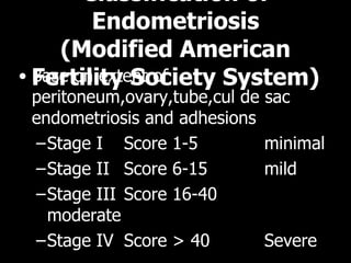 Classification of Endometriosis ( Modified American Fertility Society System) Base on extent of peritoneum,ovary,tube,cul de sac endometriosis and adhesions Stage I Score 1-5  minimal Stage II Score 6-15  mild Stage III Score 16-40  moderate Stage IV Score > 40  Severe 