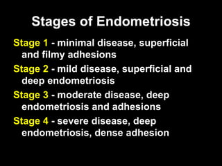Stages of Endometriosis <ul><li>Stage  1  - minimal disease, superficial and filmy adhesions  </li></ul><ul><li>Stage  2  ...