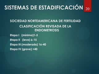 SISTEMAS DE ESTADIFICACIÓN 20
SOCIEDAD NORTEAMERICANA DE FERTILIDAD
CLASIFICACIÓN REVISADA DE LA
ENDOMETROSIS
Etapa I (mínima)1-5
Etapa II (leve) 6-15
Etapa III (moderada) 16-40
Etapa IV (grave) >40
 