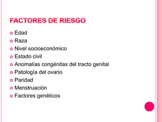 Edad
 Raza
 Nivel socioeconómico
 Estado civil
 Anomalías congénitas del tracto genital
 Patología del ovario
 Paridad
 Menstruación
 Factores genéticos


 