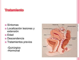 Síntomas
 Localización lesiones y
extensión
 Edad
 Descendencia
 Tratamientos previos


-Quirúrgico
-Hormonal

 