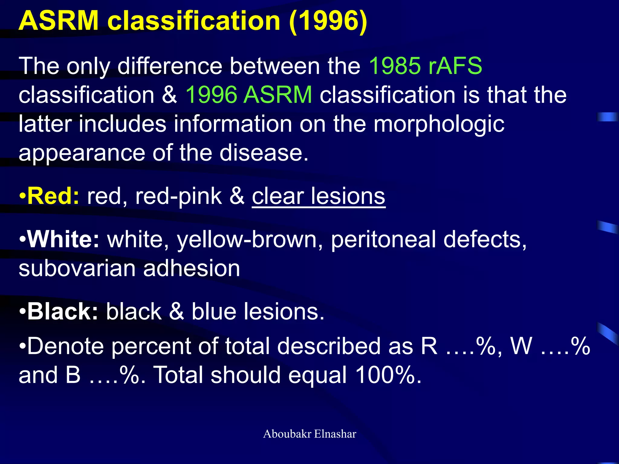 ASRM classification (1996)
The only difference between the 1985 rAFS
classification & 1996 ASRM classification is that the
latter includes information on the morphologic
appearance of the disease.
•Red: red, red-pink & clear lesions
•White: white, yellow-brown, peritoneal defects,
subovarian adhesion
•Black: black & blue lesions.
•Denote percent of total described as R ….%, W ….%
and B ….%. Total should equal 100%.
Aboubakr Elnashar
 