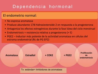 D e p e n d e n c i a h o r m o n a l
El endometrio normal:
• No expresa aromatasa
• Produce abundante 17B-hidroxiesteroide 2 en respuesta a la progesterona
• Antagoniza los efectos estrogénicos durante la fase lútea del ciclo menstrual
• Endometriosis = resistencia relativa a progesterona (+ E)
• PGE2 – Inductor más potente de la actividad aromatasa en células del
estroma endometrial (Rc de PG EP2)
Aromatasa Estradiol + COX2 + PGE2
Proliferación
de
endometriosis
Tx estándar= Inhibidores de aromatasa
 