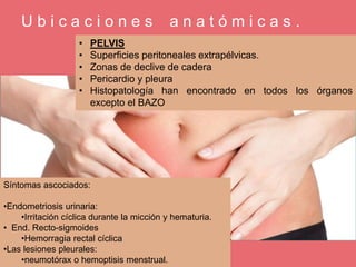U b i c a c i o n e s a n a t ó m i c a s .
• PELVIS
• Superficies peritoneales extrapélvicas.
• Zonas de declive de cadera
• Pericardio y pleura
• Histopatología han encontrado en todos los órganos
excepto el BAZO
Síntomas ascociados:
•Endometriosis urinaria:
•Irritación cíclica durante la micción y hematuria.
• End. Recto-sigmoides
•Hemorragia rectal cíclica
•Las lesiones pleurales:
•neumotórax o hemoptisis menstrual.
 