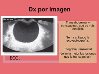 Dx por imagen
ECG.
Transabdominal y
transvaginal, que es más
sensible.
Se ha utilizado la
ecovaginografía.
Ecografía transrectal
(delimita mejor las lesiones
que la transvaginal).
 