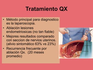Tratamiento QX
• Método principal para diagnostico
es la laparoscopia.
• Ablación lesiones
endometriosicas (no tan fiable)
• Mejores resultados comparado
con seccion de nervios uterinos.
(alivio sintomático 63% vs 23%)
• Recurrencia frecuente por
ablación Qx. (20 meses
promedio)
 