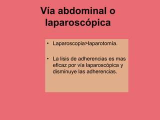 Vía abdominal o
laparoscópica
• Laparoscopia>laparotomía.
• La lisis de adherencias es mas
eficaz por vía laparoscópica y
disminuye las adherencias.
 