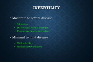 INFERTILITY
• Moderate to severe disease
• Adhesions
• Distortion of normal anatomy
• Prevent sperm-egg interaction
• Minimal to mild disease
• Mild infertility
• Mechanism(s) unknown
 