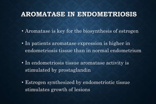 AROMATASE IN ENDOMETRIOSIS
• Aromatase is key for the biosynthesis of estrogen
• In patients aromatase expression is higher in
endometriosis tissue than in normal endometrium
• In endometriosis tissue aromatase activity is
stimulated by prostaglandin
• Estrogen synthesized by endometriotic tissue
stimulates growth of lesions
 