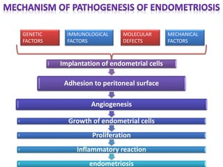 GENETIC
FACTORS
IMMUNOLOGICAL
FACTORS
MOLECULAR
DEFECTS
MECHANICAL
FACTORS
Implantation of endometrial cells
Adhesion to peritoneal surface
Angiogenesis
Growth of endometrial cells
Proliferation
Inflammatory reaction
endometriosis
 