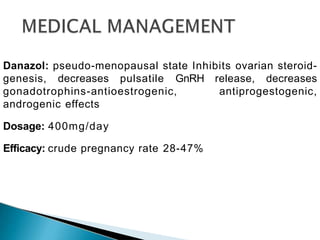 Danazol: pseudo-menopausal state Inhibits ovarian steroid-
genesis, decreases pulsatile GnRH release, decreases
gonadotrophins-antioestrogenic, antiprogestogenic,
androgenic effects
Dosage: 400mg/day
Efficacy: crude pregnancy rate 28-47%
 