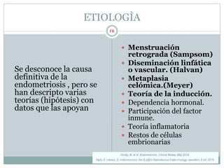 ETIOLOGÌA
Se desconoce la causa
definitiva de la
endometriosis , pero se
han descripto varias
teorías (hipótesis) con
datos que las apoyan
 Menstruación
retrograda (Sampsom)
 Diseminación linfática
o vascular. (Halvan)
 Metaplasia
celómica.(Meyer)
 Teoría de la inducción.
 Dependencia hormonal.
 Participación del factor
inmune.
 Teoría inflamatoria
 Restos de células
embrionarias
FR
 
