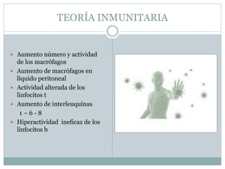TEORÍA INMUNITARIA
 Aumento número y actividad
de los macrófagos
 Aumento de macrófagos en
líquido peritoneal
 Actividad alterada de los
linfocitos t
 Aumento de interleuquínas
1 – 6 - 8
 Hiperactividad ineficaz de los
linfocitos b
 