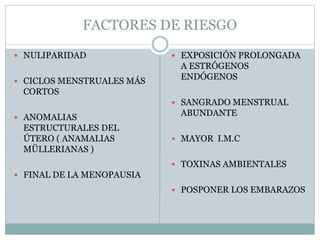 FACTORES DE RIESGO
 NULIPARIDAD
 CICLOS MENSTRUALES MÁS
CORTOS
 ANOMALIAS
ESTRUCTURALES DEL
ÚTERO ( ANAMALIAS
MÜLLERIANAS )
 FINAL DE LA MENOPAUSIA
 EXPOSICIÓN PROLONGADA
A ESTRÓGENOS
ENDÓGENOS
 SANGRADO MENSTRUAL
ABUNDANTE
 MAYOR I.M.C
 TOXINAS AMBIENTALES
 POSPONER LOS EMBARAZOS
 