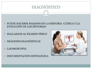 DIAGNÓSTICO
 PUEDE HACERSE BASADOS EN LA HISTORIA CLÍNICA Y LA
EVOLUCIÓN DE LOS SÍNTOMAS
 HALLAZGOS AL EXAMEN FÍSICO
 IMÁGENES DIAGNÓSTICAS
 LAPAROSCOPIA
 DOCUMENTACIÓN HISTOLÓGICA
 