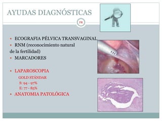 AYUDAS DIAGNÓSTICAS
 ECOGRAFIA PÉLVICA TRANSVAGINAL
 RNM (reconocimiento natural
de la fertilidad)
 MARCADORES
 LAPAROSCOPIA
GOLD STÁNDAR
S: 94 - 97%
E: 77 - 85%
 ANATOMIA PATOLÓGICA
FR
 