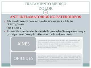 TRATAMIENTO MÉDICO
DOLOR
ANTI INFLAMATORIOS NO ESTEROIDEOS
 Inhiben de manera no selectiva a las isoenzimas 1 y 2 de las
ciclooxigénasas
(cox 1 y cox 2)
 Estas enzimas estimulan la síntesis de prostaglandinas que son las que
participan en el dolor y la inflamación de la endometriosis
FR
 