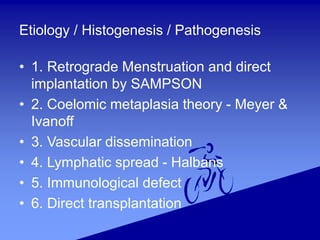 Etiology / Histogenesis / Pathogenesis
• 1. Retrograde Menstruation and direct
implantation by SAMPSON
• 2. Coelomic metaplasia theory - Meyer &
Ivanoff
• 3. Vascular dissemination
• 4. Lymphatic spread - Halbans
• 5. Immunological defect
• 6. Direct transplantation
 