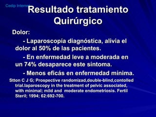 Resultado tratamiento Quirúrgico Dolor: - Laparoscopía diagnóstica, alivia el dolor al 50% de las pacientes. - En enfermedad leve a moderada en un 74% desaparece este síntoma. - Menos eficás en enfermedad mínima. Stton C J G; Prospective randomizad,double-blind,contolled trial.laparoscopy in the treatment of pelvic associated, with minimal; mild and  moderate endometriosis. Fertil Steril; 1994; 62:692-700. 
