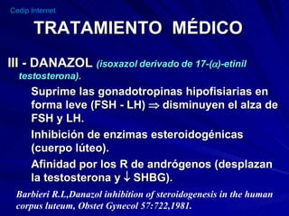 TRATAMIENTO  MÉDICO III - DANAZOL  (isoxazol derivado de 17-(  )-etinil testosterona). Suprime las gonadotropinas hipofisiarias en forma leve (FSH - LH)    disminuyen el alza de FSH y LH. Inhibición de enzimas esteroidogénicas (cuerpo lúteo). Afinidad por los R de andrógenos (desplazan la testosterona y    SHBG). Barbieri R.L,Danazol inhibition of steroidogenesis in the human  corpus luteum, Obstet Gynecol 57:722,1981. 