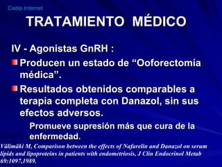 TRATAMIENTO  MÉDICO IV - Agonistas GnRH : Producen un estado de “Ooforectomía médica”. Resultados obtenidos comparables a terapia completa con Danazol, sin sus efectos adversos. Promueve supresión más que cura de la enfermedad. Välimäki M, Comparison between the effects of Nafarelin and Danazol on serum  lipids and lipoproteins in patients with endometriosis, J Clin Endocrinol Metab 69:1097,1989. 