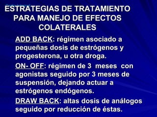 ESTRATEGIAS DE TRATAMIENTO PARA MANEJO DE EFECTOS COLATERALES ADD BACK : régimen asociado a pequeñas dosis de estrógenos y progesterona, u otra droga. ON- OFF : régimen de 3  meses  con agonistas seguido por 3 meses de suspensión, dejando actuar a estrógenos endógenos. DRAW BACK : altas dosis de análogos seguido por reducción de éstas. 
