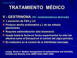 TRATAMIENTO  MÉDICO V - GESTRINONA  (19 - nortestosterona derivado)    secreción de FSH y LH. Produce atrofia endometrial y    de las mitosis glandulares Requiere administración sólo bisemanal. Usada hasta la fecha en forma experimental ha sido tan efectiva como el Danazol en el control del algia pelviana. Es inefectiva en el control de la infertilidad asociada. Lessey, Bruce A. Medical management of endometriosis and infertility. Fertility and Sterility June 2000;73(6):1089-1096. 