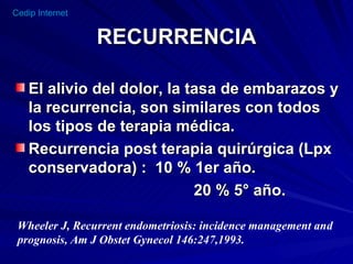 RECURRENCIA El alivio del dolor, la tasa de embarazos y la recurrencia, son similares con todos los tipos de terapia médica. Recurrencia post terapia quirúrgica (Lpx conservadora) :  10 % 1er año. 20 % 5° año. Wheeler J, Recurrent endometriosis: incidence management and  prognosis, Am J Obstet Gynecol 146:247,1993. 
