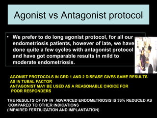Agonist vs Antagonist protocol

• We prefer to do long agonist protocol, for all our
  endometriosis patients, however of late, we have
  done quite a few cycles with antagonist protocol
  and have got comparable results in mild to
  moderate endometriosis.

 AGONIST PROTOCOLS IN GRD 1 AND 2 DISEASE GIVES SAME RESULTS
 AS IN TUBAL FACTOR
 ANTAGONIST MAY BE USED AS A REASONABLE CHOICE FOR
 POOR RESPONDERS

THE RESULTS OF IVF IN ADVANCED ENDOMETRIOSIS IS 36% REDUCED AS
 COMPARED TO OTHER INDICATIONS
(IMPAIRED FERTILIZATION AND IMPLANTATION)
 