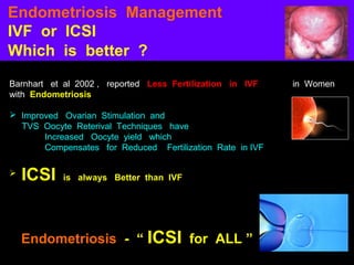 Endometriosis Management
IVF or ICSI
Which is better ?
Barnhart et al 2002 , reported Less Fertilization in IVF   in Women
with Endometriosis

 Improved Ovarian Stimulation and
  TVS Oocyte Reterival Techniques have
       Increased Oocyte yield which
       Compensates for Reduced Fertilization Rate in IVF

   ICSI    is always Better than IVF




    Endometriosis - “ ICSI for ALL ”
 