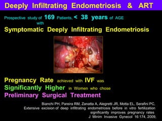 Deeply Infiltrating Endometriosis & ART
Prospective study of 169 Patients, <        38 years of           AGE
                 with
Symptomatic Deeply Infiltrating Endometriosis




Pregnancy Rate achieved with IVF was
Significantly Higher in Women who chose
Preliminary Surgical Treatment
                   Bianchi PH, Pareira RM, Zanatta A, Alegretti JR, Motta EL, Serafini PC,
         Extensive excision of deep infiltrating endometriosis before in vitro fertilization
                                                  significantly improves pregnancy rates
                                                 J Minim Invasive Gynecol 16:174, 2009,
 