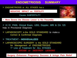 ENDOMETRIOSIS               SUMMARY
 ENDOMETRIOSIS at ALL STAGES has a

       NEGATIVE IMPACT on FERTILITY

                Causes SUBFERTILITY

 More Severe the Disease Lesser is the Fecundity

 H / O PAIN, Clinical Exam, USG, Doppler, MRI & CA 125
help in Provisional Diagnosis
 LAPAROSCOPY is the GOLD STANDARD to make a
      Correct & Confirmed Diagnosis

 TREATMENT – INDIVIDUALIZED
 LAPAROSCOPIC SURGERY is the GOLD STANDARD
      for Management of ENDOMETRIOSIS
      1st Line of Treatment for ALL STAGES
               EXCISE or DESTROY LESIONS

    Surgery Enhances Pregnancy Success & brings Pain Relief
 