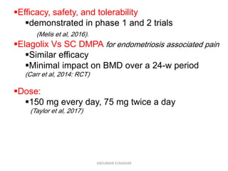 Efficacy, safety, and tolerability
demonstrated in phase 1 and 2 trials
(Melis et al, 2016).
Elagolix Vs SC DMPA for endometriosis associated pain
Similar efficacy
Minimal impact on BMD over a 24-w period
(Carr et al, 2014: RCT)
Dose:
150 mg every day, 75 mg twice a day
(Taylor et al, 2017)
ABOUBAKR ELNASHAR
 