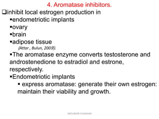 4. Aromatase inhibitors.
inhibit local estrogen production in
endometriotic implants
ovary
brain
adipose tissue
(Attar , Bulun, 2009).
The aromatase enzyme converts testosterone and
androstenedione to estradiol and estrone,
respectively.
Endometriotic implants
 express aromatase: generate their own estrogen:
maintain their viability and growth.
ABOUBAKR ELNASHAR
 