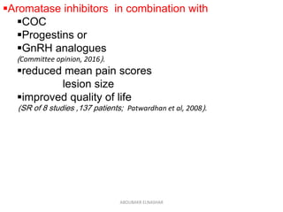 Aromatase inhibitors in combination with
COC
Progestins or
GnRH analogues
(Committee opinion, 2016).
reduced mean pain scores
lesion size
improved quality of life
(SR of 8 studies ,137 patients; Patwardhan et al, 2008).
ABOUBAKR ELNASHAR
 